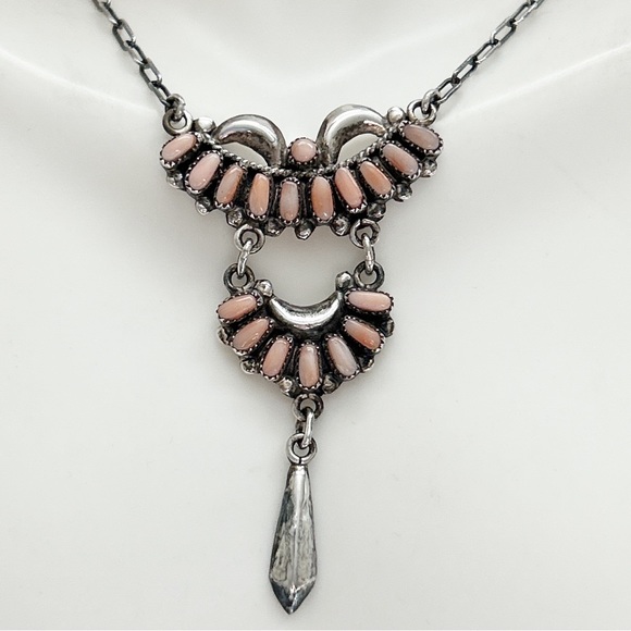 Vintage Bill & Lou Zuni Angel Skin Coral Petit Point Sterling Silver Necklace - Picture 1 of 13